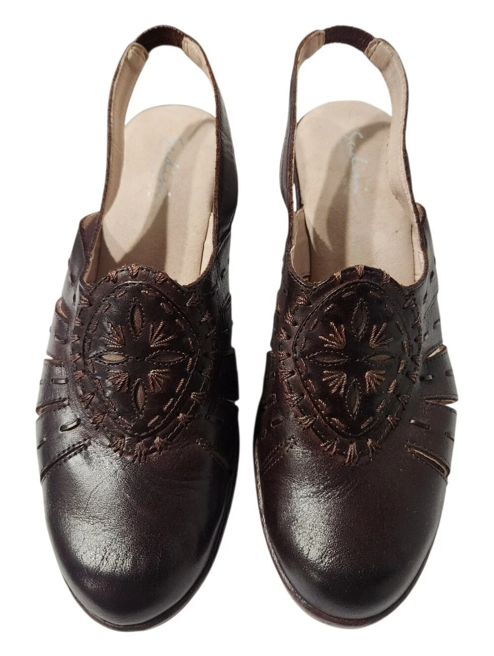 NEW Sudini Dark Brown Leather Slingback Heels with Decorative Cutouts Size 10W